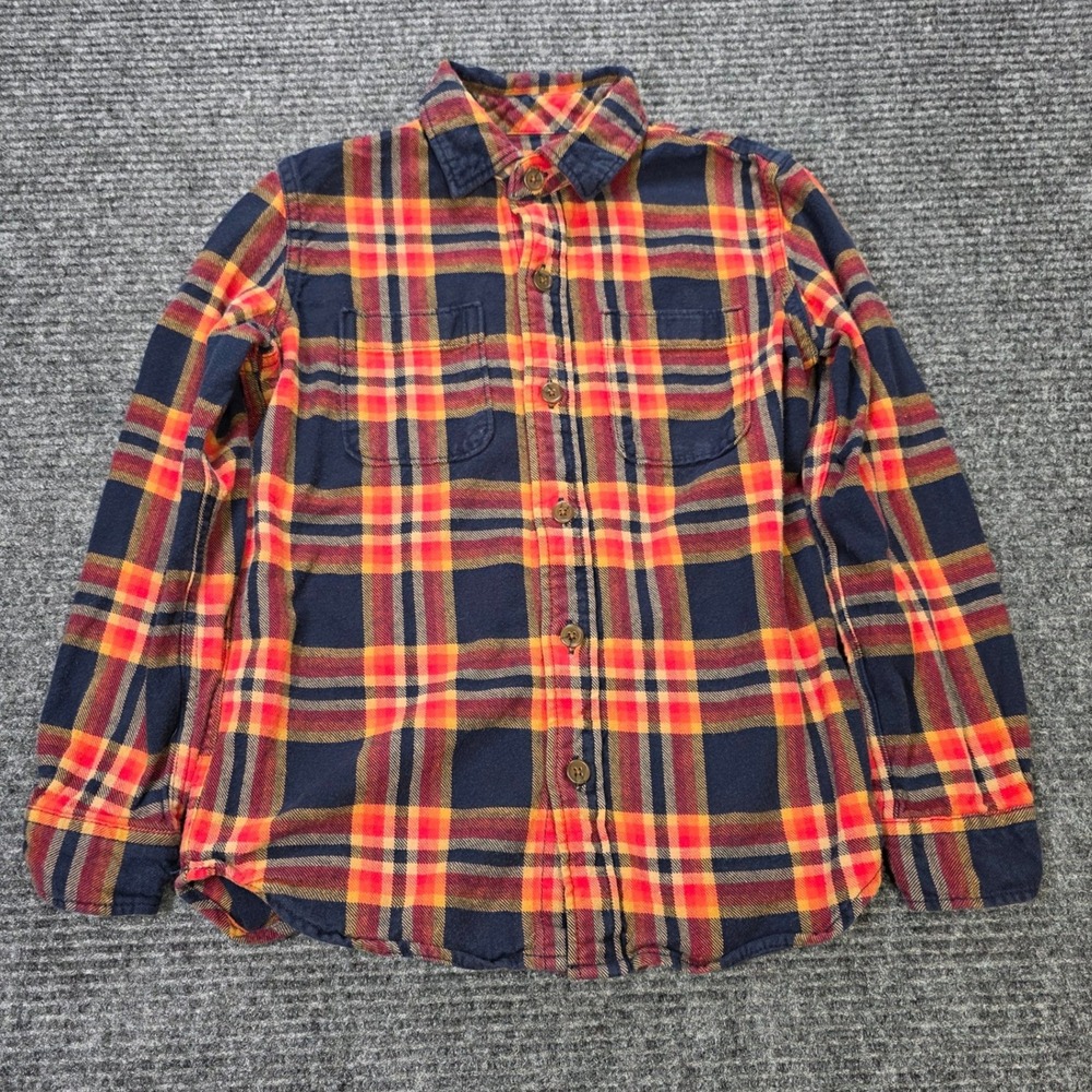 Gap Kids Flannel Button Down Shirt Boy's Size M 8-9 Navy Blue Orange Red Plaid‎